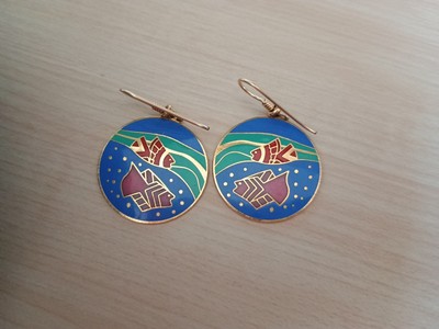 Laurel Burch Tropical Fish Earrings Vintage gold blue green