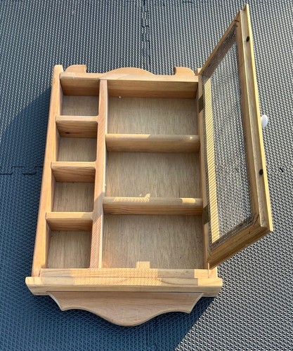 Vintage Primitive Wood Wall Spice Rack Cabinet Mesh Door Curio Display 27”x15” - Picture 7 of 19