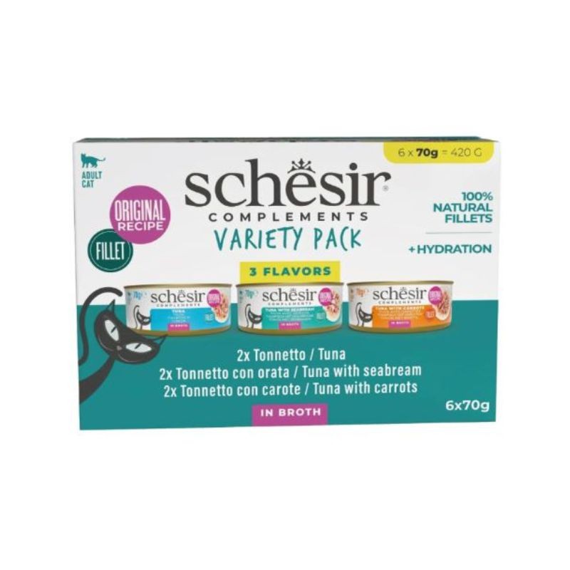 Schesir cat variety pack tonn, tonn con orata, tonno con carote in brodo 6x70gr