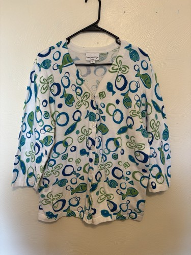 Breckenridge Long Sleeve Sweater Size 1X Blue Green Fish & Flowers! - Picture 1 of 8