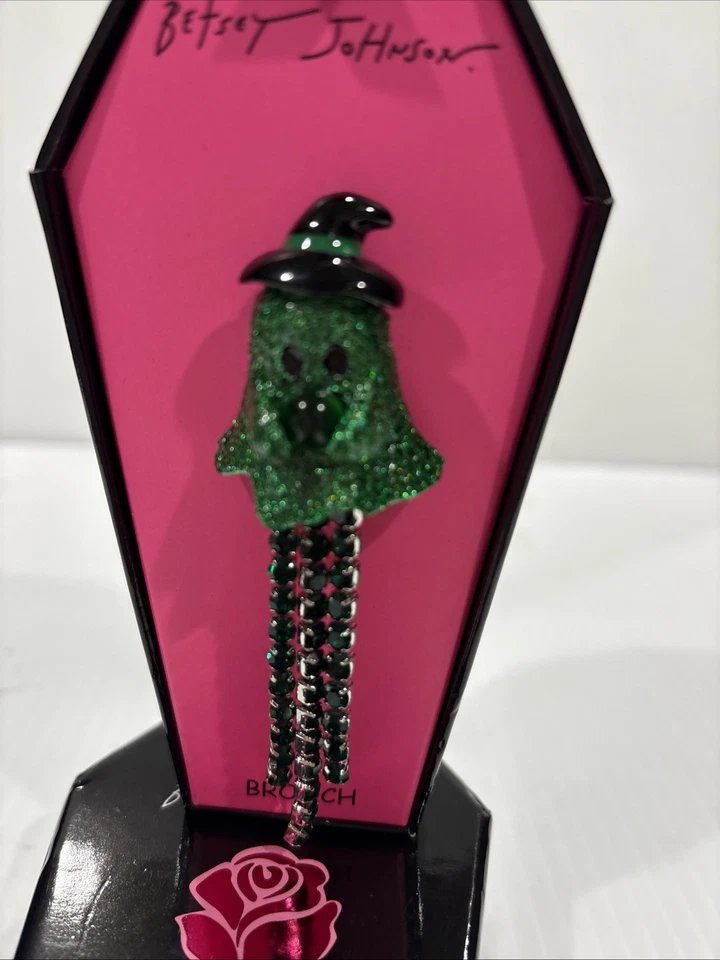 Betsey Johnson зеленый призрак ведьма Pin брошь Хэллоуин черный кристалл блестящий новый в коробке - Изображение 3 из 4