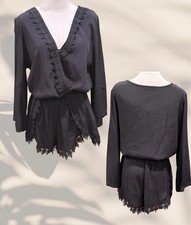 NWT Anthropologie Elevenses Women's Black Crochet 3/4 Sleeve Short Romper L