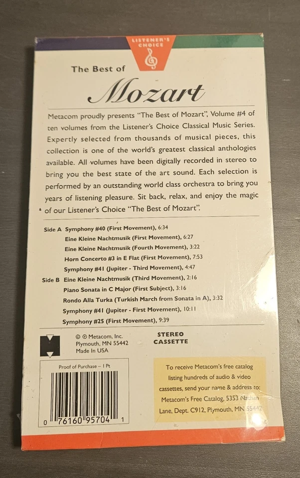 Vtg 1972 The Best Of Mozart Cassette Tape Listener's Choice Vol. 4 Sealed New - Image 2 of 4
