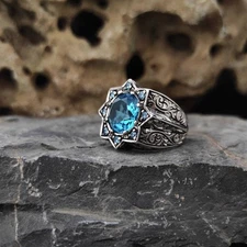 Medieval Eight Pointed Star Round Blue Gem Ring
