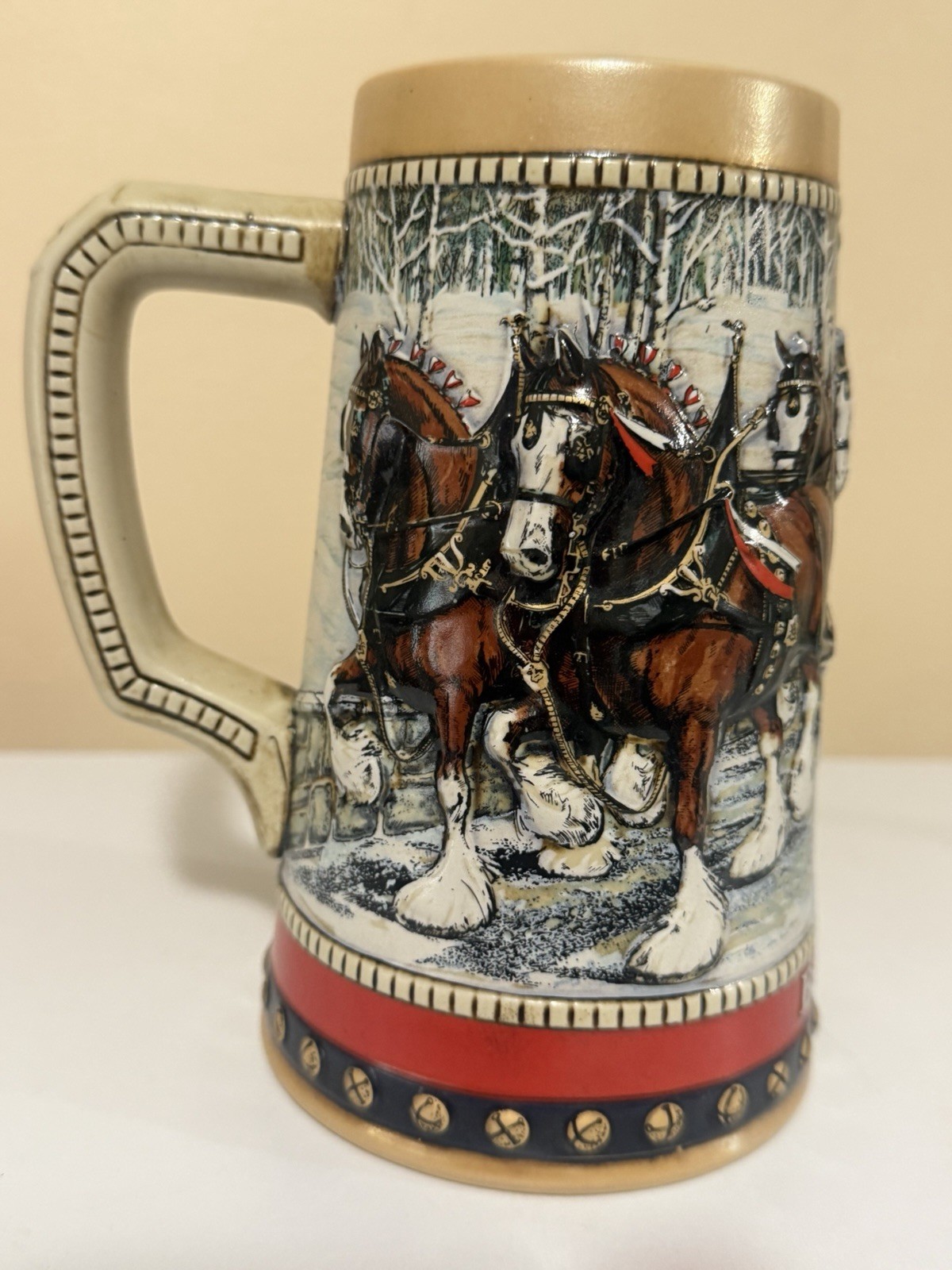 Budweiser Stein 1988 Holiday Mug 3D Clydesdale Horse Collectors Series Xmas Vtg