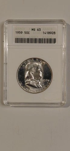 1959 50c Franklin Silver MS63 ANACS Half Dollar 90% Silver