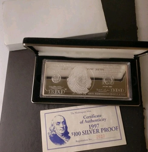 1997 Proof 4oz Silver Bar Fashioned as a $100 Franklin Note