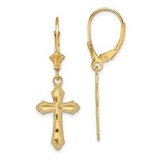 14k Yellow Gold Cross Dangle Earrings for Women Milgrain Leverback Religious
