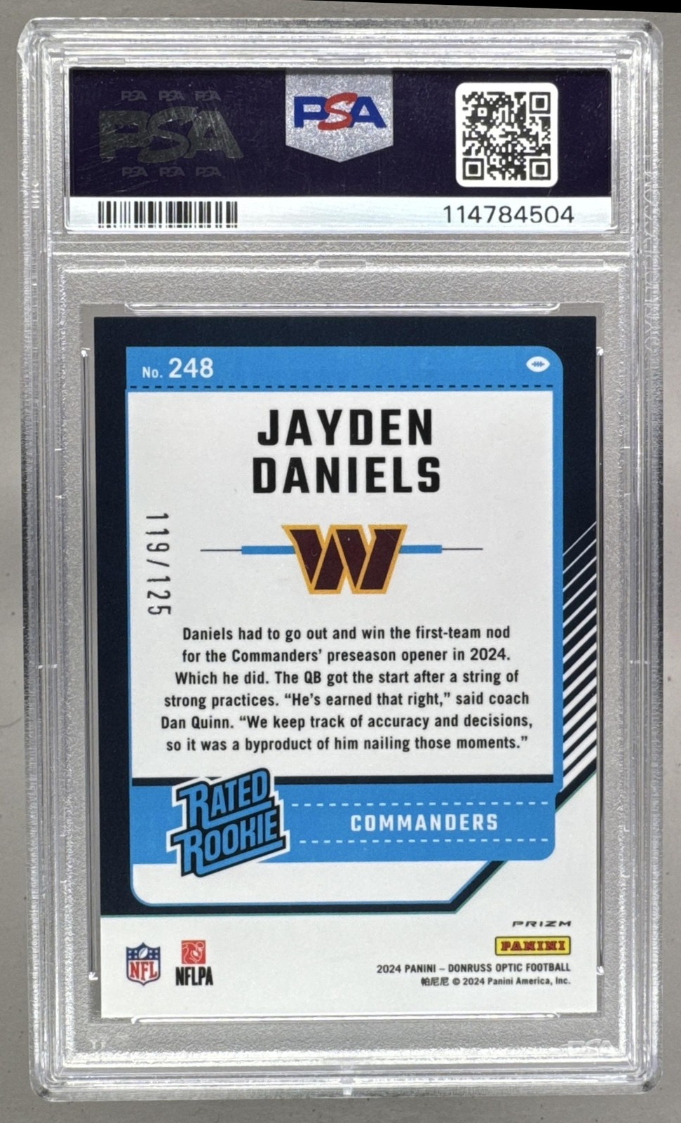 Jayden Daniels 2024 Panini Donruss Optic #248 Red RC Rated Rookie 119/125 PSA 10 view 2