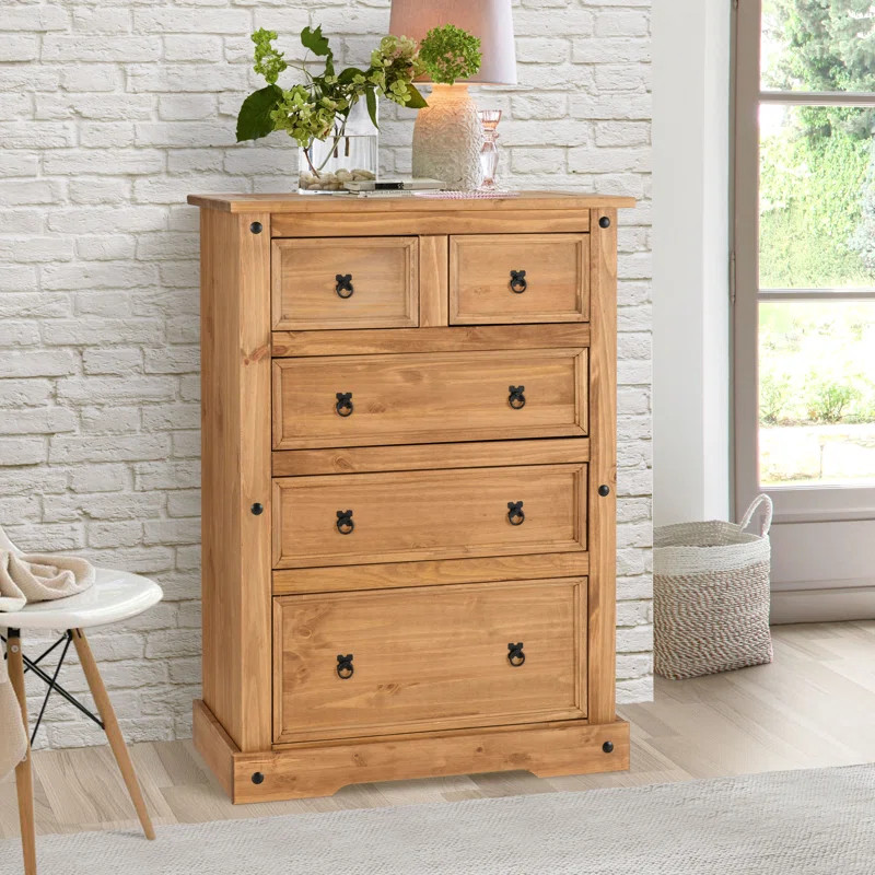 Farmhouse Solid Wood 5 Drawer Dresser Chest Rustic Bedroom Storage Organizer Oak