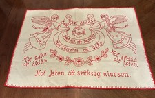 Rare Vintage Embroidered Hungarian Folk Art Angels w House Blessing Red & White
