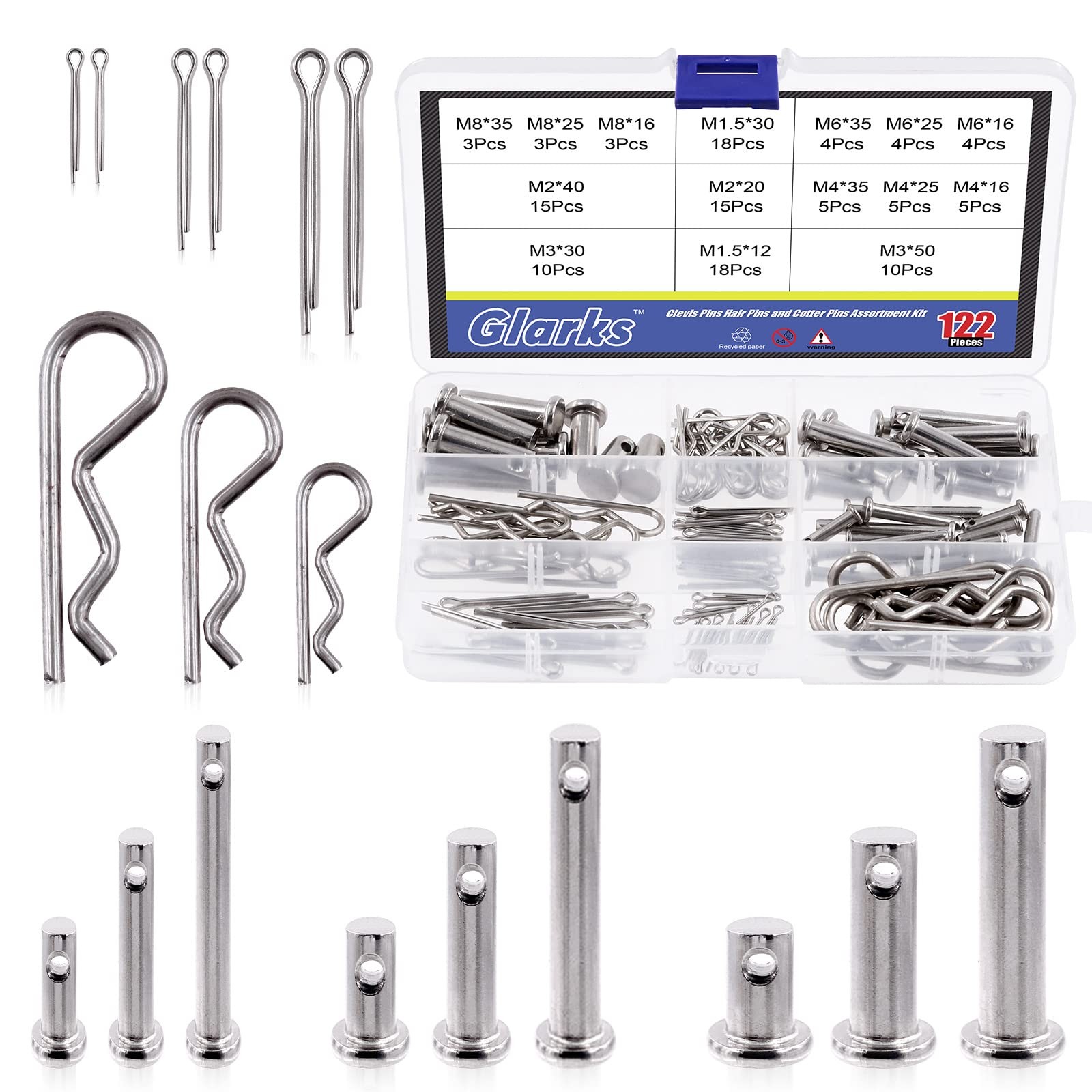 122Pcs 4 Styles Clevis Pin/Cotter Pin/Hair Pin/Dowel Pin Assortment Set, 15 S...