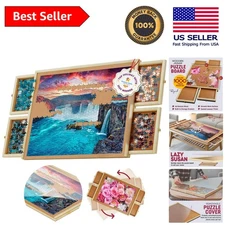 Elegant 1000-Piece Wooden Jigsaw Puzzle Table with Rotating Lazy Susan & Drawers