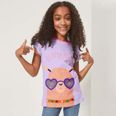 Mädchen Oberteil T-Shirt Kurzarm T-Shirt Tee 3-10 Jahre Lama lila Geschenk Bommeln