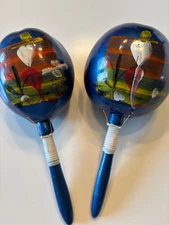 Vtg Pair Maracas Rumba music Shakers lot of 2 signed Mexico Hand Painted wooden
