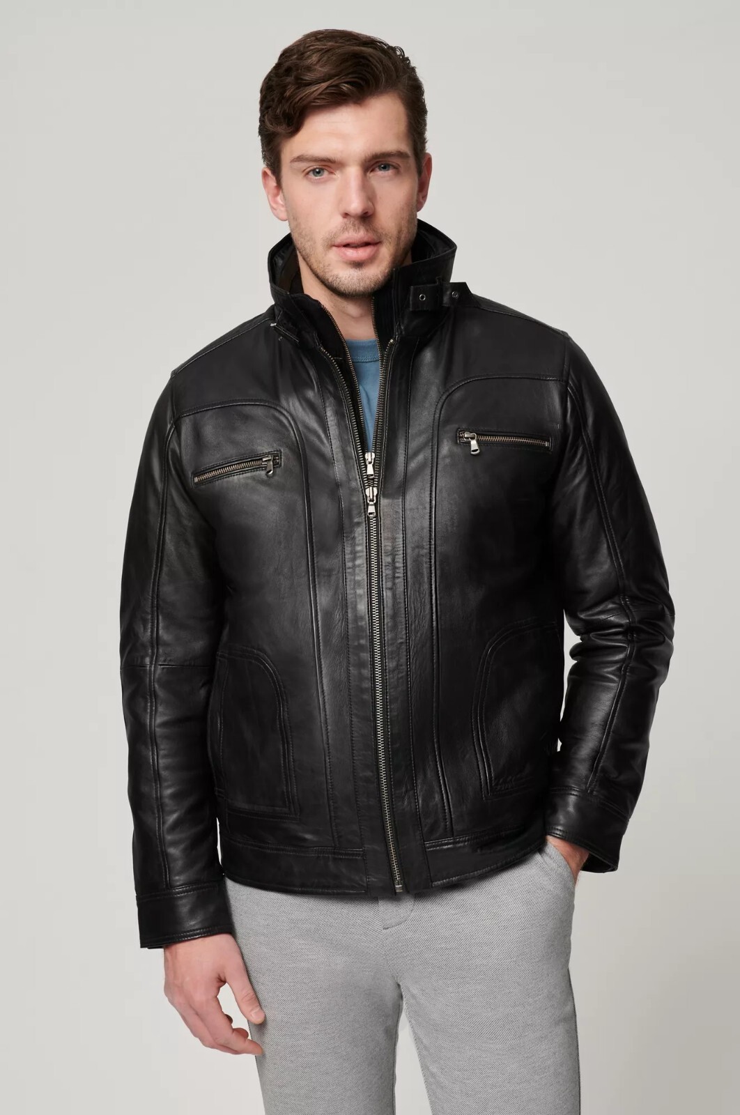 Handmade Mens Real Lambskin Black Leather Jacket with Double Zipper MBO4a