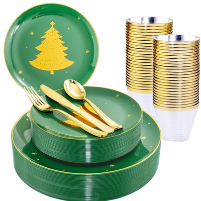 WDF 150pcs Christmas Plates Plastic Disposable - 25 Guests Green Plates Chris...