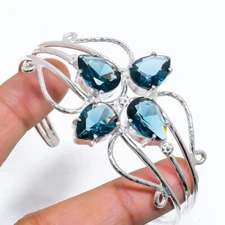 London Blue Topaz Gemstone Handmade 925 Sterling Silver Adjustable Cuff Bracelet