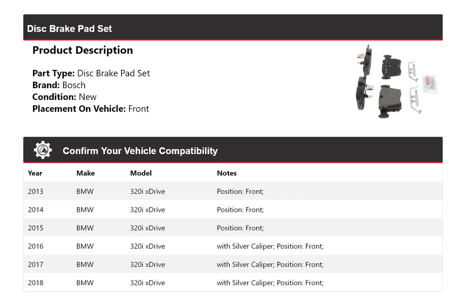 适用于 2013 - 2018 宝马 320i xDrive Bosch QuietCast 半金属刹车片前部 — 第 2/4 张图片