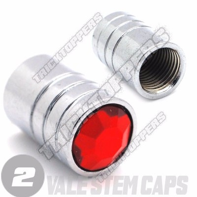 2 Custom Chrome & Red Crystal Gem Valve Caps - Motorcycle Chopper Cruiser