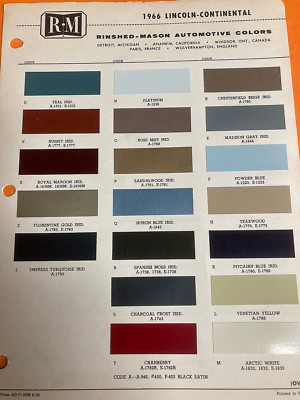 1966 LINCOLN AUTOMOTIVE R & M, Exterior Paint Color Chip Chart Sheet ORIG