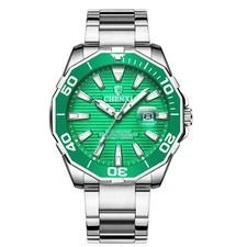 Mens Green Dial Date Watch Stainless Steel Band Analog Quartz Wristwatch Gift