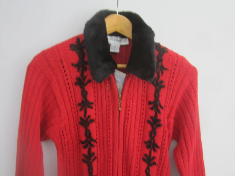 Novo Cardigã Feminino Norton Mcnaughton Antigo S Vermelho Gola de Pele Preta Suéter Frisado - Imagem 4 de 4