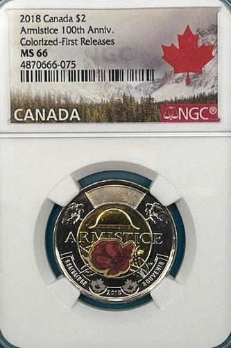 2018 Canada Armistice 100th Anniversary Colorized $2 Toonie NGC MS 66 First Rel