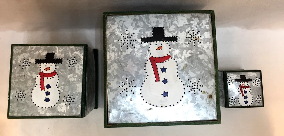 Snowman Nesting Boxes Square Empty Metal Painted Wood Trim With Lids Set of 3 - Image 2 of 4