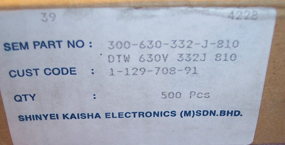 КОЛ-ВО (500) 3300pf 630V 5% металлизированный полипропилен конденсаторы SHINYEI полная катушка - Изображение 2 из 2