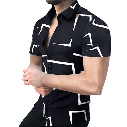 Men Fashion Button Down Shirt Short Sleeve Navy Blue White Contrast Casual Tee T - Picture 13 of 18