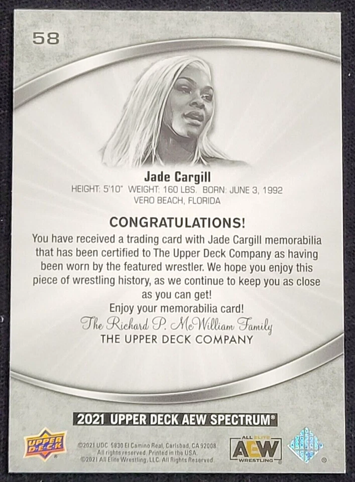 2021 UPPER DECK AEW SPECTRUM  JADE CARGILL ROOKIE EVENT WORN RELIC - Image 2 of 2