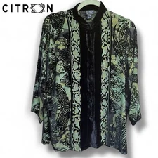 🐉Citron Santa of Monica Silk Blouse Green Black Velvet Burnout Dragon Wmn’s | S