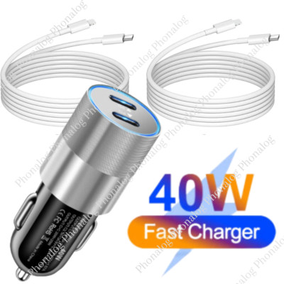 Dual Type C PD Fast 40W Car Charger Adapter Cable For iPhone 14 13 12 11 XR XS X