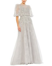Mac Duggal Embellished Puff Sleeve A-Line Gown Women's 12
