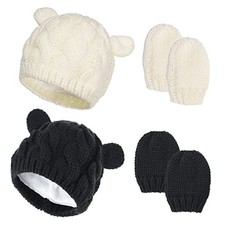2 Set Newborn Winter Beanie Hats Gloves Kit for Baby One Size Black  White