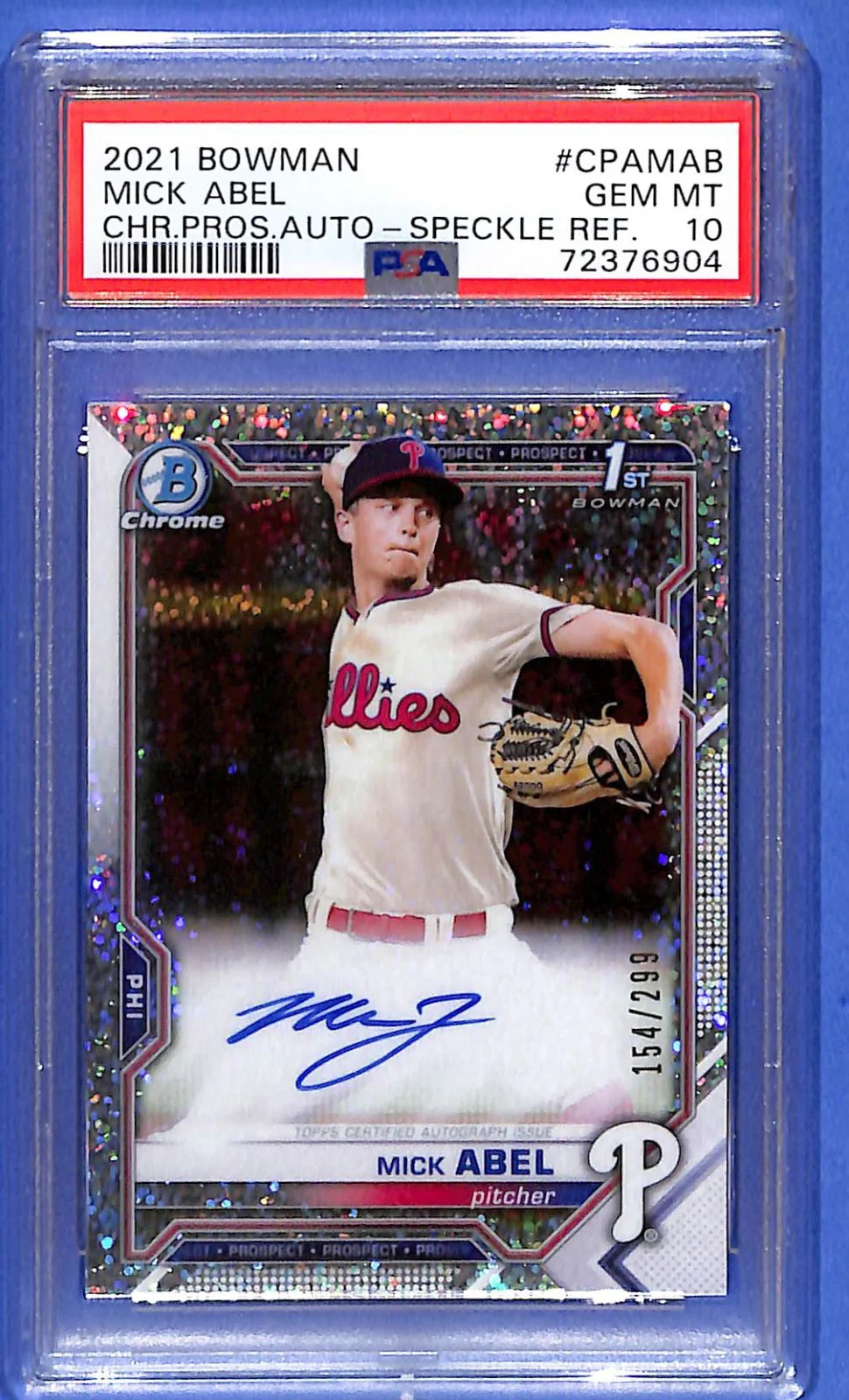 2021 Bowman Chrome Prospects Autographs Mick Abel #CPA-MAB Speckle #/299 PSA 10