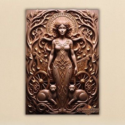 Freya Standing Knotwork Dress Chariot Cats STL CNC Relief 3D Norse Wood Carving