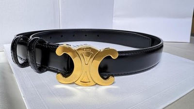 Celine Triomphe Belt 90 Black Leather Gold Tone Buckle Women's