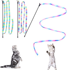 Cat Wand Teaser Toys 3 Pack with Feather String and Colorful Ribbon