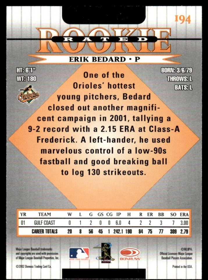 2002 Donruss Erik Bedard Baltimore Orioles #194 RR - Image 2 of 2