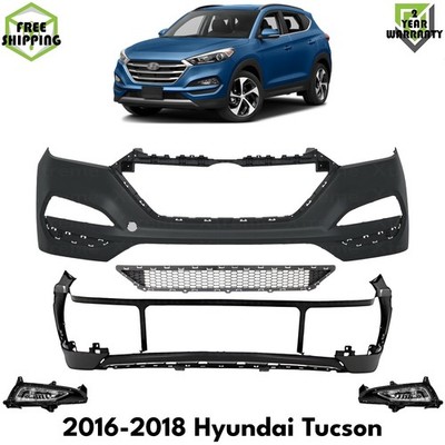 Front Bumper Cover Primed Plastic & Fog Lights Kit For 2016-2018 Hyundai Tucson