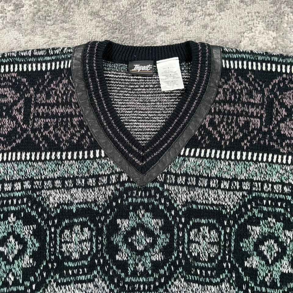 Suéter Vintage Impact Para Hombre Medio Gris Verde Cuello en V Tejido Pullover Geométrico Años 90 Foto 2 de 4