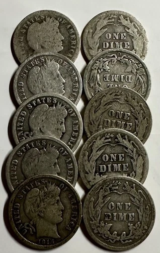 SILVER Barber Dimes - 90% Silver - (Lot of FIVE) Full Date Coins Random Years