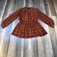 Brown and white plaid mini dress with drawstring waist and long sleeves sizeL