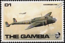 WWII RAF HANDLEY PAGE HAMPDEN HP.52 Mk.I Bomber Aircraft Stamp (1990 Gambia)