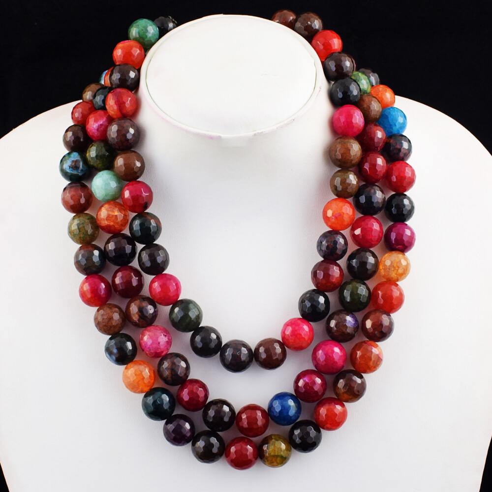 ●●NUMBERING●●Chunky Star Strap Neckless #5771 1749 Cts 3 Strand Multicolor Enhanced Onyx Beaded Womens