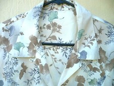 VTG 80S M IVORY BUTTON UP BROWN GREEN FLORAL LEAF FERN SILKY SMOOTH SHIRT BLOUSE