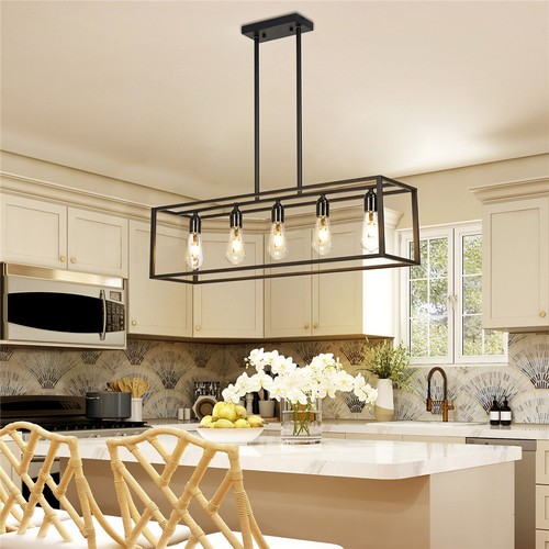 Industrial Black Chandelier Rectangle Hanging Ceiling Light Fixture Dining Room - Picture 2 of 12