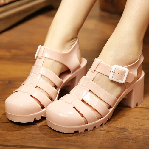 Damen-Sandalen Fersenriemen Gummi mittelhoher Blockabsatz Sommer runde Spitze Plateauschuhe - Bild 11 von 19